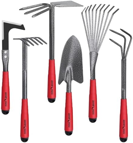 FLORA GUARD 6-Piece Garden Tool Set | Heavy Duty Gardening Hand Tools with High Carbon Steel Including Trowel, Rakes, 2-in-1 Hoe and Crack Weeder
