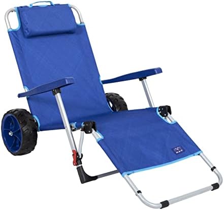 Mac Sports Beach Day Foldable Chaise Lounge Chair with Integrated Wagon Pull Cart Combination and Heavy Wheels - Perfect for Beach, Backyard