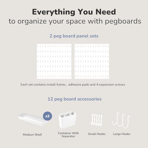 Keepo Peg Board Wall Organizer – Plastic Pegboard Panels, Modular Peg Board Storage System For Home Office, Craft Room, Gaming Setup (White