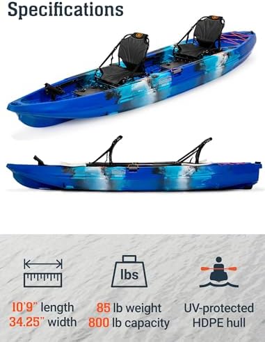BKC Brooklyn 13.0 Pro Tandem Fishing Kayak, 2 to 3 Person | 800 lb capacity, adjustable frame seats, large dry storage, rod holders, stable wide hull, tandem or solo paddling