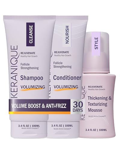 Keranique Volumizing Shampoo and Conditioner Set with Thickening Mousse - Keratin Enriched Volume Kit for Thinning, Fine, Damaged, Dry Hair - Color Safe, Sulfate Free, No Alcohol Formula for Women