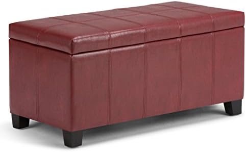 SIMPLIHOME Dover 36" Wide Vegan Leather Storage Ottoman in Midnight Black | Distressed umber brown, contemporary ottoman with lift-top and safety hinges; rectangle storage bench for living room.