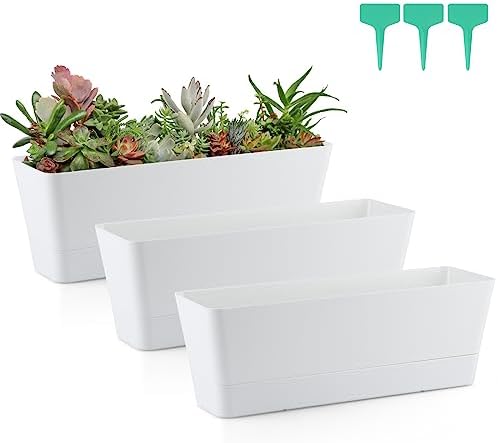 Skelang 3 Pcs Rectangular Plant Pot, 12" Watering Container with Drainage Hole, Window Planter Box with Saucer for Succulents, Flowers, Indoor Plants