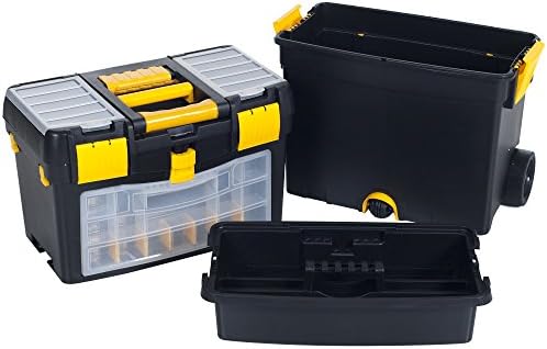 Portable Toolbox with Wheels - Stackable Tool Chest with Drawers - Mobile Utility Cart with Comfort Grip Handle and Tough Latches by Stalwart (Black)