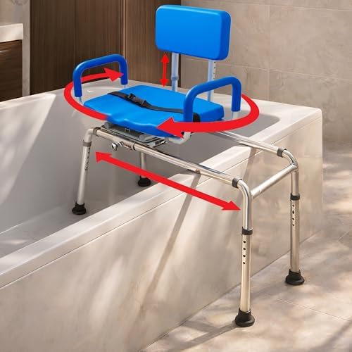 Carousel Sliding Shower Chair Tub Transfer Bench with Swivel Seat Elderly | Slide Safely In & Out of the Tub - Blue, padded seat, padded armrests, swivel seat, backrest, portable, tool-free assembly