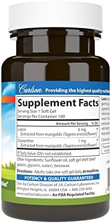 Carlson Lutein, 6 mg, + Zeaxanthin, Made with Lutemax 2020, 60 Softgels | Healthy Vision; Eye Function