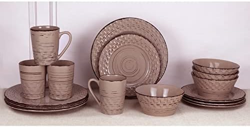 Lorren Home Trends Distressed Weave Dinnerware Set, Buttercup, 16 Piece | Service for 4