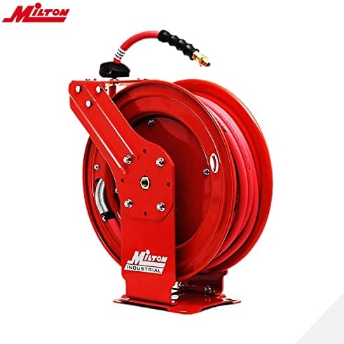 MILTON Strength Air Hose Reel w/Auto- Retractable Steel Dual Arm, 3/8" MNPT x 50 ft. Hybrid Rubber Hose - 300 Max PSI, Red - 2770-50D