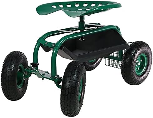 Sunnydaze Rolling Garden Cart with Seat - Garden Stool with Wheels and Adjustable 360-Degree Swivel Seat - Utility Tool Tray and Storage Basket - Green