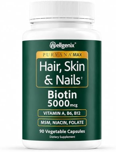 Wellgenix Purvana MAX Hair Skin & Nails Vitamins, Biotin 5000mcg, 90 Count | Biotin, MSM & hyaluronic acid in vegetable capsules for thicker