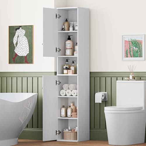 64" Narrow Bathroom Storage Cabinet with Adjustable Shelves and Drawer | 6-Tier Tall Slim Storage Cabinet, Anti-Tip Kit Included