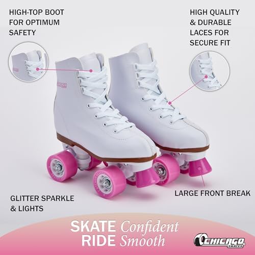 Chicago Rink Roller Skates for Girls & Boys – Durable Top Performance Indoor/Outdoor Use Skate Shoes with Padded Ankle Collar, Lace-Up & Velcro Strap – 54mm Urethane Wheels, Semi-Precision Bearings