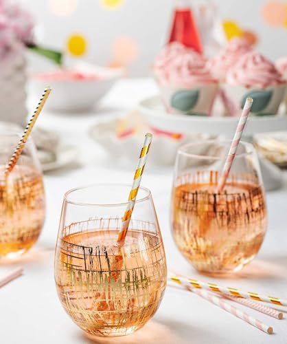 GUSTO [200 Pack] light Pink & Gold Paper Straws Disposable, 100% Biodegradable Multi-Pattern Party Straws For Birthday