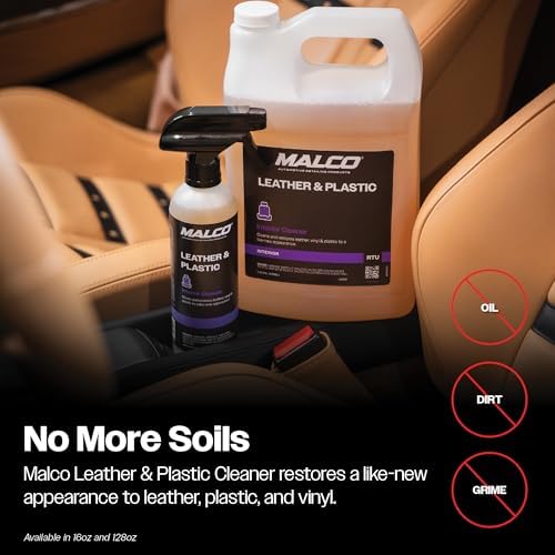 Malco Leather & Plastic Cleaner – Penetrates Deep to Remove Dirt, Grime and Oily Soils/Restores Leather, Plastic and Vinyl/Leaves Surfaces Clean, Shiny and Film-Free / 1 Gallon (100101)
