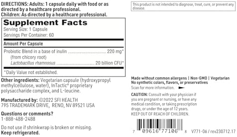 Klaire Labs SFI Health Ther-Biotic Factor 1 Probiotic, 60 Capsules | Gut + Immune Support, Lactobacillus Rhamnosus Single Species Probiotic, 20 Billion CFU, L Rhamnosus Probiotics