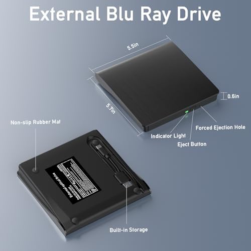 wintale Blu Ray Burner External, USB 3.0 & Type-C External Blu-ray Drives | External Blu Ray Drive for PC True Plug-and-play Experience
