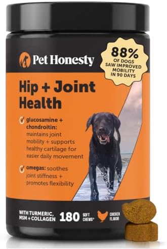 Hip + Joint Supplement for Dogs with Glucosamine Chondroitin - MSM, Turmeric & Collagen Soft Chews - Joint Function, Stiffness, and Mobility Support, May Reduce Occasional Discomfort (Chicken, 90 Ct)