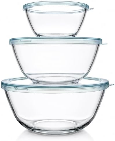 Luvan Glass Mixing Bowls with Lids Set(4.5QT, 2.7QT, 1.1QT)-Large Glass Mixing Bowls, Clear Salad Bowl for Baking, Cooking, Serving, Food Prep, 3PC Nesting Bowls for Kitchen Storage & Dishwasher Safe
