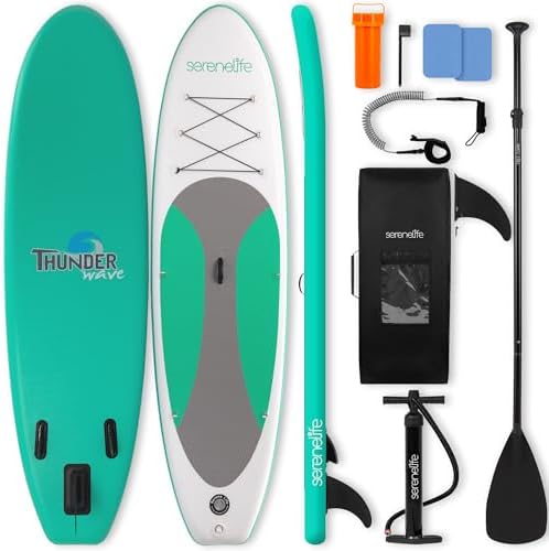 SereneLife 10’ Inflatable Stand Up Paddle Board with Premium SUP Accessories - Wide Stable Design with Non-Slip EVA Deck Pad, for Youth and Adults, 350 lbs. Capacity