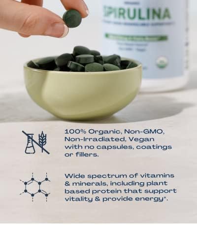 Organic Spirulina Tablets - 120 Tablets | Organic, Non-GMO, No Additives or Fillers - 500mg Premium Quality Dietary Supplement with Vitamins, Minerals, & Antioxidants
