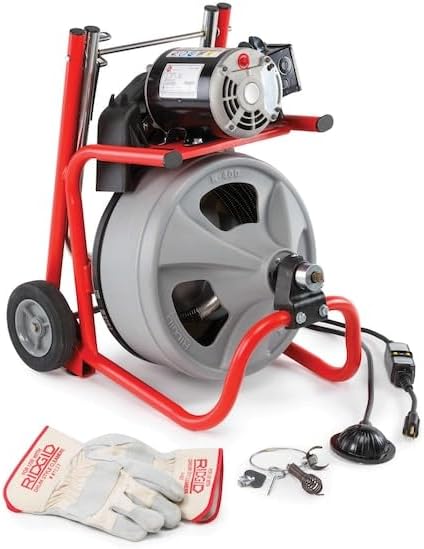 RIDGID K-400 Drain Cleaning 115-Volt Drum Machine Kit with AUTOFEED Control and C-32IW 3/8" x 75' Cable, Grey and Red