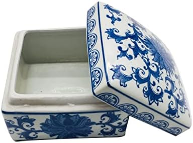Blue & White China Lotus Floral Pattern Chinoiserie Square Ceramic Storage Box Jewelry Trinkets Organizer
