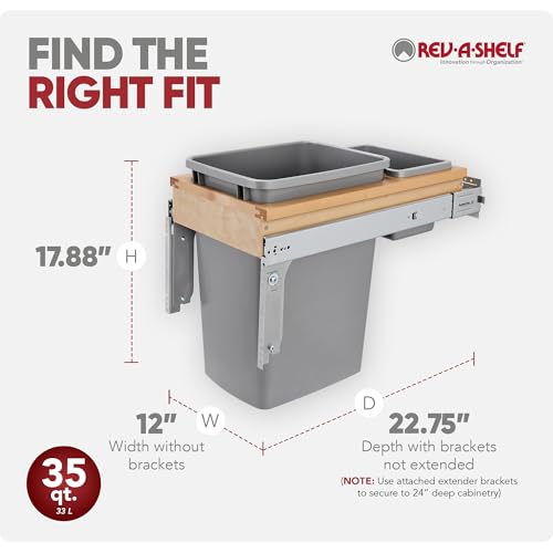 Rev-A-Shelf Double Pullout Trash Can, Min Cabinet Opening 18" W, 50 Qt | w/ Soft-Close, Under Cabinet Waste/Recycling Bin w/ Lid, Silver, 4WCSC-2150DM-2