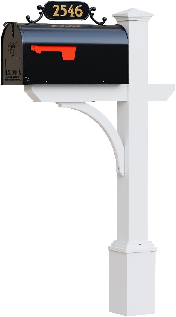 Argonne White Post & Black Mailbox (Large) | Personal curbside mailbox system features a large black aluminum mailbox, sturdy white square post, and custom house numbers.