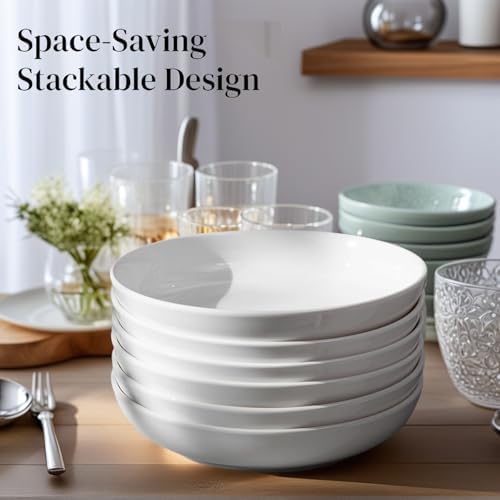 DeeCoo 7 Pack Porcelain Pasta Bowls Ceramic, Large Serving Bowl, Wide and Shallow, Set 8.3 Inch - 30 Ounce - for Pasta, Salad, Cereal