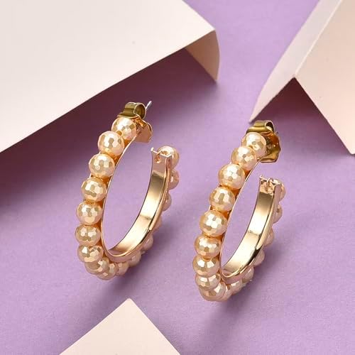 Shop LC Faceted Golden Shell Pearl Hoop Earrings in Stainless Steel