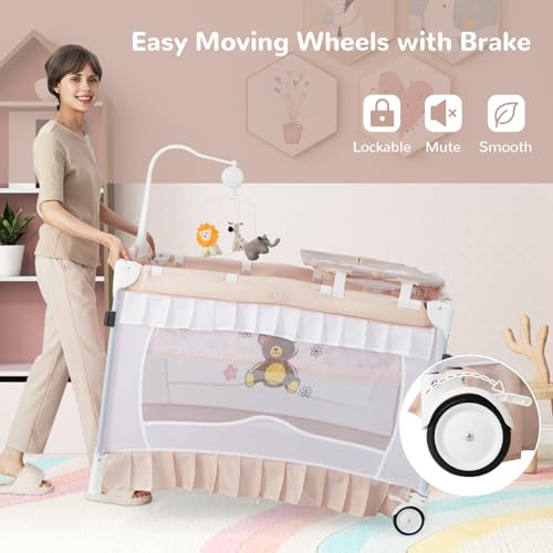 HONEY JOY 4-in-1 Pack and Play with Canopy, Portable Baby Playard w/Changing Table and Infant Bassinet Cute Toys & Music