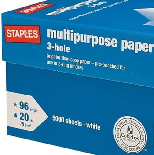 Staples Multipurpose Paper, 8 1/2 x 11, 3-Hole Punched, Ream, for Office, School & Home | Pre-punched white paper ready for standard 3-ring binders. Sold by the ream.