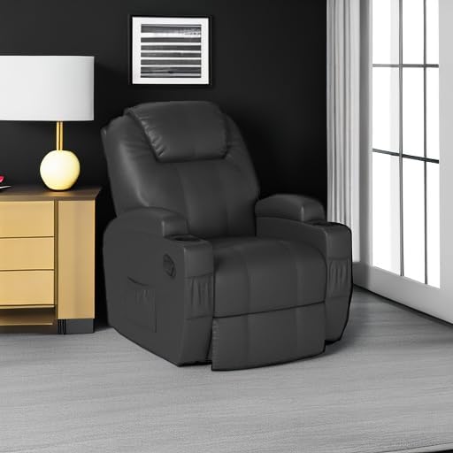 Furniwell Rocker Recliner Chair with Massage for Elderly, Leather Adjustable 360°Swivel Rocking Sofa for Living Room with Remote Control