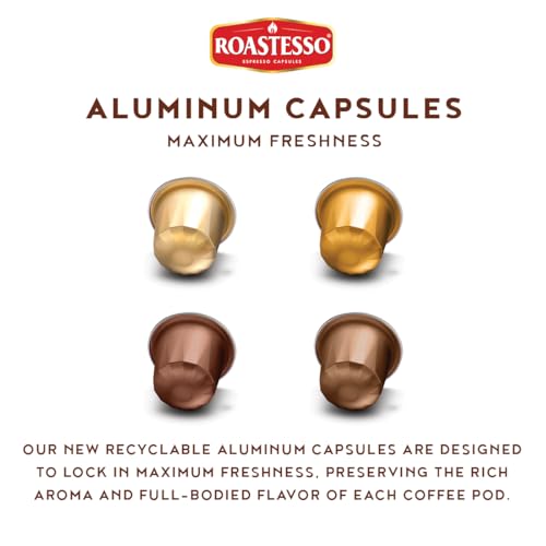Roastesso, Aluminum Espresso Capsules, Flavors Variety Pack, Natural Flavored Coffee Pods with French Vanilla, Caramel, Chocolate & Hazelnut