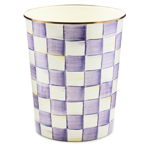 MACKENZIE-CHILDS Waste Bin, Black-and-White Courtly Check | Hand-painted design, made from enameled steel, decorative bedroom or bathroom trash can, 8" dia. x 9.5" H