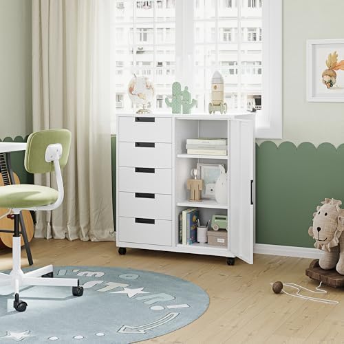 5 Drawer Storage Cabinet, Mobile Printer Stand for Home Office,Dresser Chest with Shelves and Door(White)