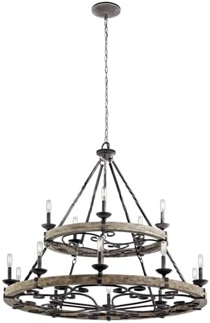 Kichler Taulbee 15-Light 2-Tier Chandelier, Weathered Zinc | Two-tier chandelier with weathered gray wood accents (44" x 38.75"), 43826WZC