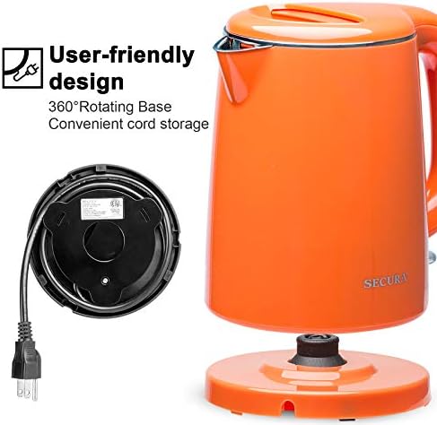 Secura Stainless Steel Double Wall Electric Kettle Water Heater for Tea Coffee w/Auto Shut-Off and Boil-Dry Protection, 1.0L (Orange) SWK-1001DO/HB-K012
