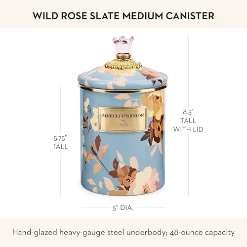MACKENZIE-CHILDS Enamel Canister, Medium, White Butterfly Garden | Hand-applied design, made from enameled steel, versatile kitchen storage container for flour and sugar, 48-ounce capacity