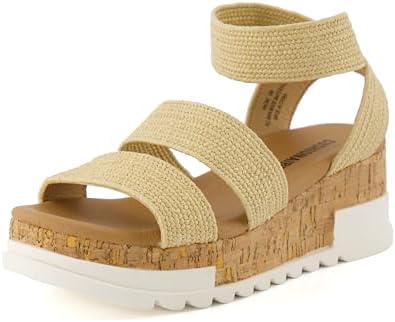 CUSHIONAIRE Naomi Cork Wedge Sandals for Women – Soft Stretch Straps Comfortable Platform Sandals for Women with Memory Foam Insole
