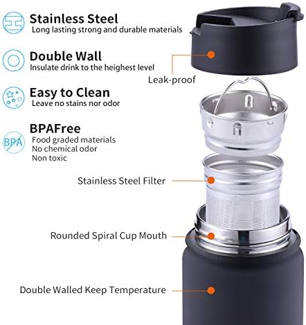 Sivaphe Tea Infuser Bottle With Removable Loose Leaf Tea Strainer Cup 18/8 Stainless Steel Portable Insulated Travel Tea Tumbler Black