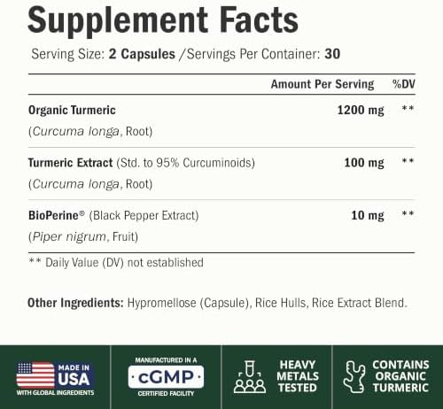 Turmeric Curcumin Supplement – 1200mg Organic Turmeric Curcumin with Black Pepper Extract for Max Absorption – Digestive & Joint Supplements for Men & Women w. Tumeric Extract & Bioperine – 60 Caps