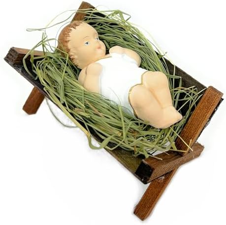4 Inch Baby Jesus in Manger Figurine, Small Baby Jesus Manger Crib for Nativity Set on Natural Hay, Handcrafted Holy Gift Made in Poland