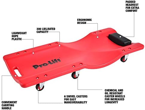 Pro Lift Mechanic Plastic Creeper 36 Inch - Blow Molded Ergonomic HDPE Body with Padded Headrest - 300 Lbs Capacity