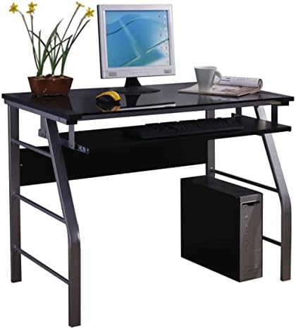 King's Brand Metal and Glass Top Home Office Computer Desk/Table, Silver Finish