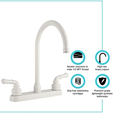 Dura Faucet DF-PK330HC-SN RV J-Spout Kitchen Sink Faucet (Satin Nickel) | Tall spout clears big pots; dual levers fine-tune water flow. Brushed Satin Nickel.