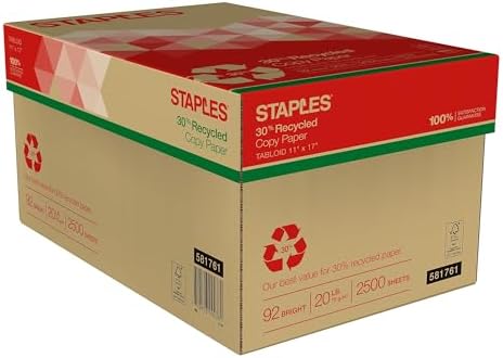 Staples 30% Recycled 8.5-Inch X 11-Inch Copy Paper 20 Lbs 92 Brightness 500/Ream, For Office, School & Home