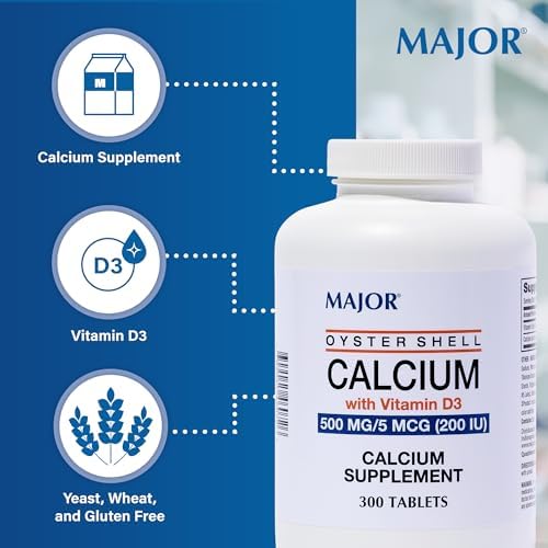 Major Oyster Shell Calcium with Vitamin D3 500 mg / 5 mcg (200 IU) - Daily Calcium Supplement - 300 Tablets (1 Pack)