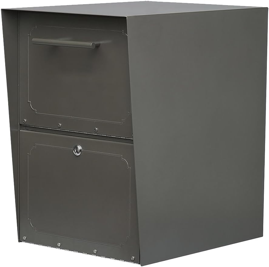 Architectural Mailboxes Oasis Galvanized Steel Package Drop Box, Black, XL | Rust-resistant parcel locker with a secure cam lock, an anti-theft hopper door, and a powder-coat finish.