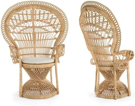 KOUBOO Grand Pecock Retro Peacock Chair in Rattan with Seat Cushion, Natural Color, Large